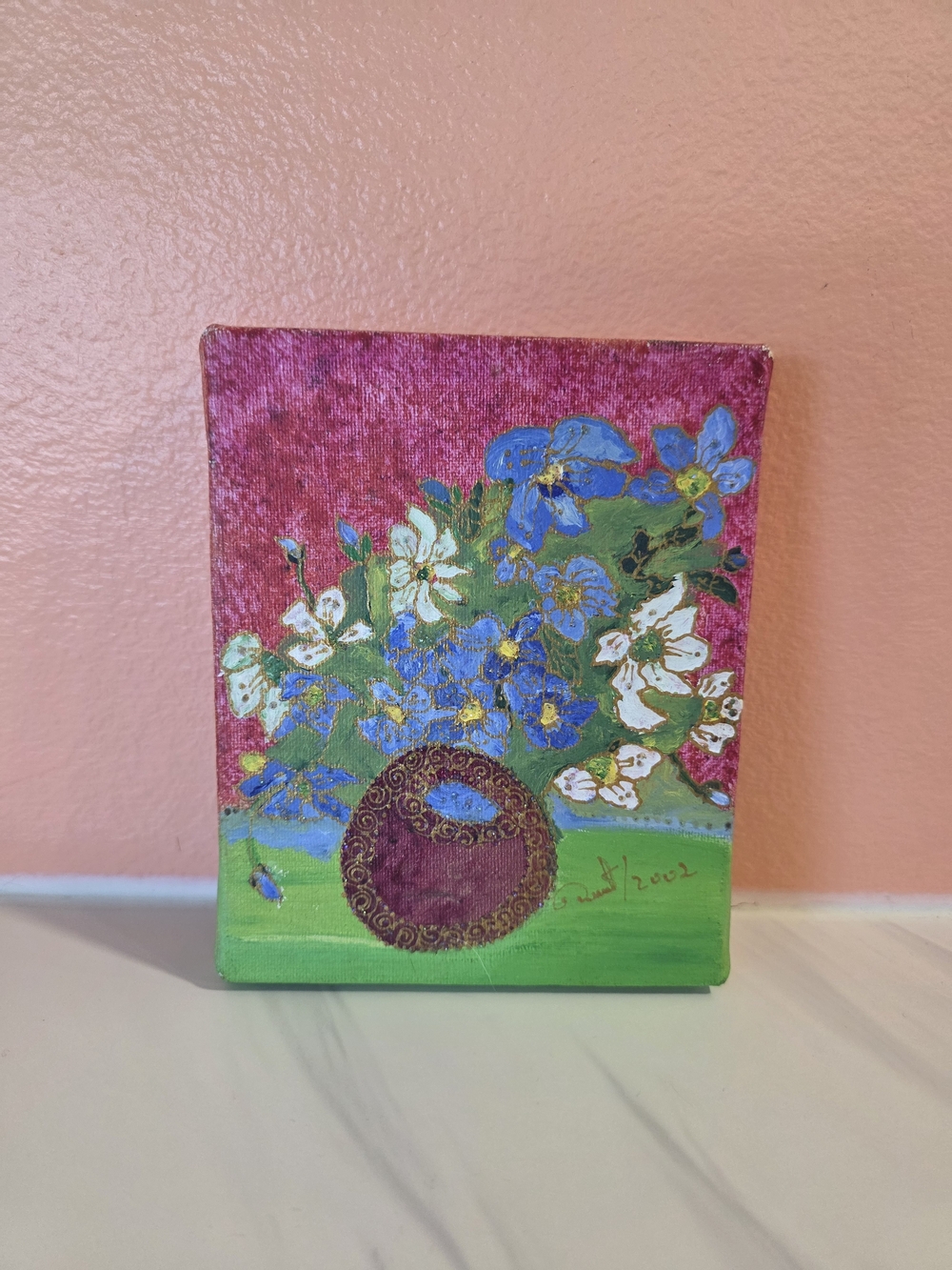 Vintage Tiny Painting Hand-Painted Floral Canvas Art in Pink, Blue, Green